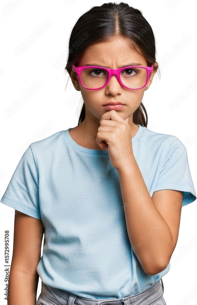 Young girl with pink glasses chin resting on hand appearing thoughtful or pensive Young girl with pink glasses chin resting on hand appearing thoughtful or pensive