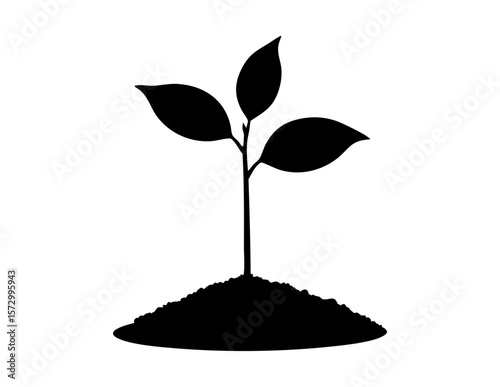 Black silhouette of a young plant in soil, perfect for ecofriendly designs, gardening blogs, environmental posters, or sustainable branding projects.