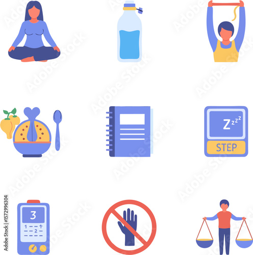 Collection of health and wellness icons: meditating woman, water bottle, exercise, juicer, notebook, sleep tracker, pedometer, prohibition sign, balance.