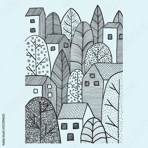 A seamless pattern with houses and trees