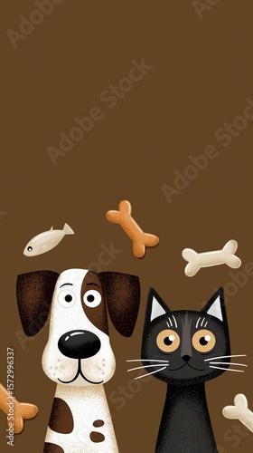 Playful cartoon dog and cat with floating bones and fish on brown background