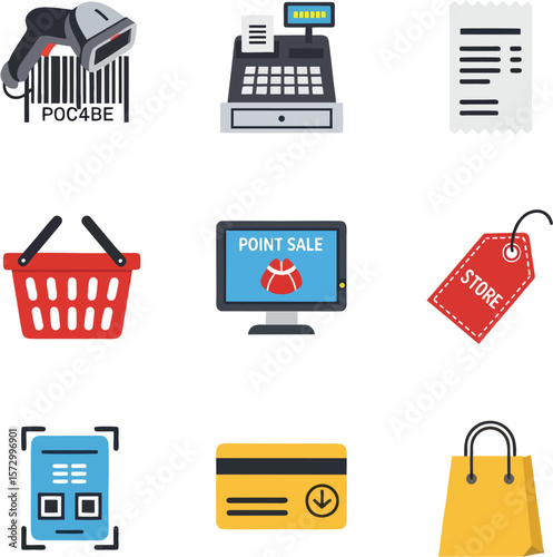Retail point-of-sale system icons: scanner, cash register, receipt, shopping basket, monitor, price tag, mobile payment, credit card, shopping bag.