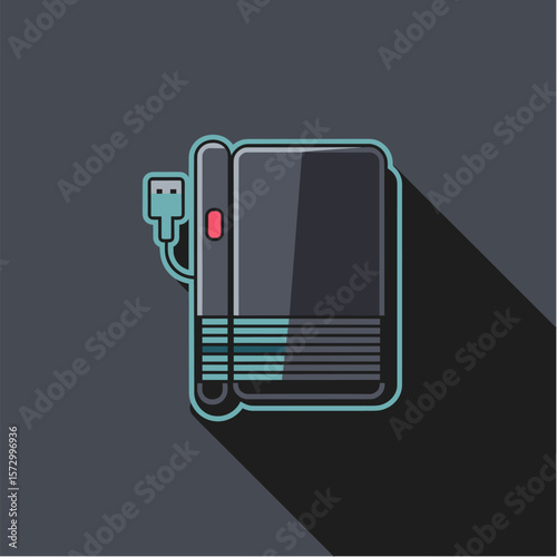 External hard drive with USB cable in flat vector with dark background, Dark Mode UI style