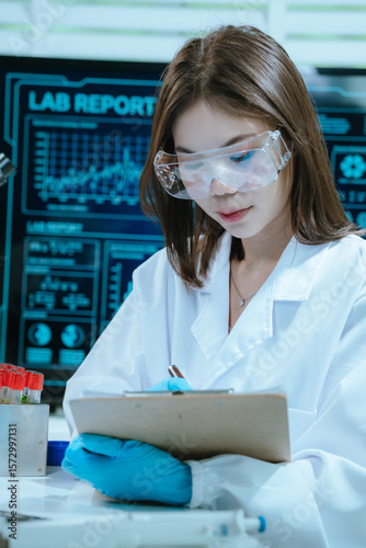 A scientist in a laboratory conducts a medical experiment with a red liquid in a test tube, focusing on analysis, discovery, innovation, and scientific precision.