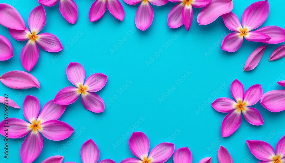 Fototapeta premium Delicate pink flower petals arranged in a symmetrical pattern against a vibrant blue background, pretty, craft