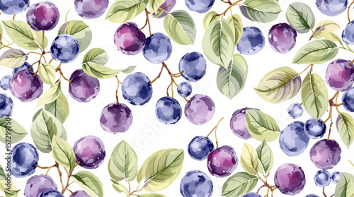 Watercolor Blueberries Pattern With Purple Berries And Green Leaves For Background Design