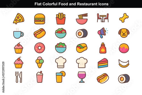  Flat Colorful Food and Restaurant Icons for Delivery Apps & UI Design