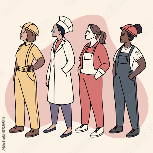 Diverse group of women in various professional uniforms standing together