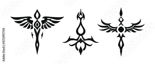winged tribal totem set black and white silhouette vector illustration