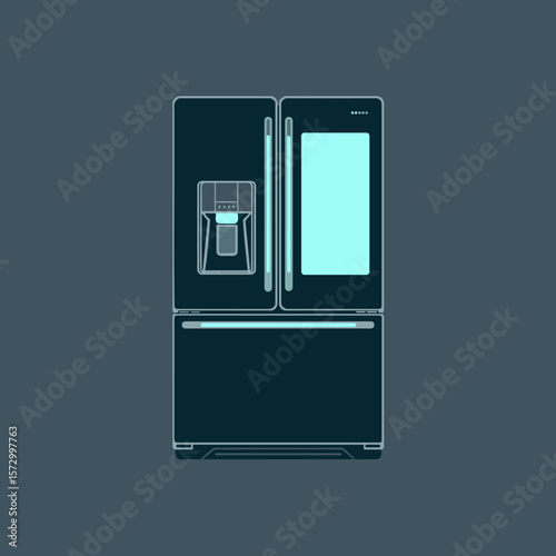 Smart refrigerator with digital screen, double door in flat vector with dark background, Dark Mode UI style