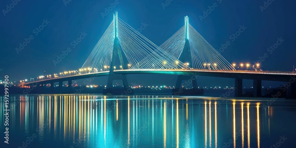 Obraz premium A modern cable-stayed bridge illuminated at night