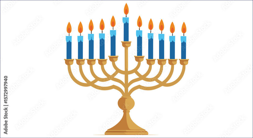Obraz premium Golden menorah with blue candles and orange flames vector