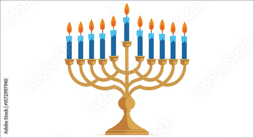 Golden menorah with blue candles and orange flames vector