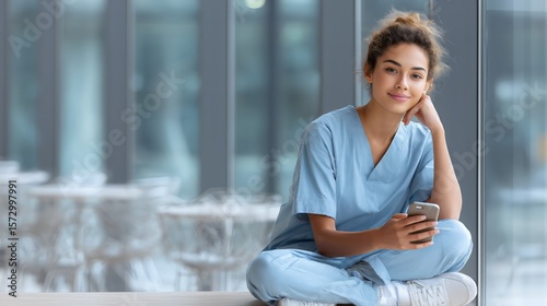 Free Download Medical professional wearing blue scrubs sitting cross legged, checking smartphone while resting in contemporary clinical environment, highlighting digital healthcare trends - GFXLoad