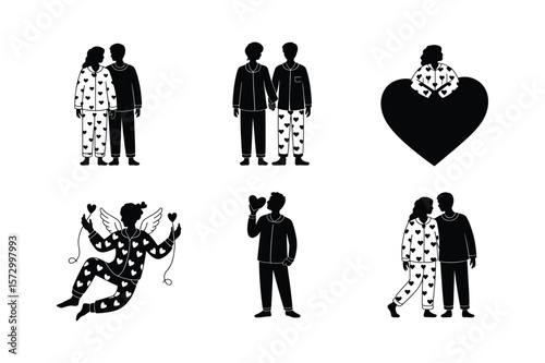 Couple silhouettes in heart patterned pajamas hearts love