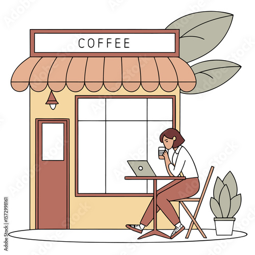 A young woman enjoys a hot beverage while working on her laptop outside a charming coffee shop with a large window and awning