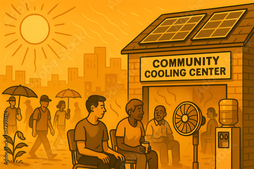 Illustration of community cooling center helping people escape extreme heatwave – climate change and public health concept.