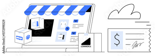 Online store with storefront awning, product boxes, commerce icons, payment receipt. Ideal for e-commerce, digital business, online shopping, sales, order management retail simple landing page