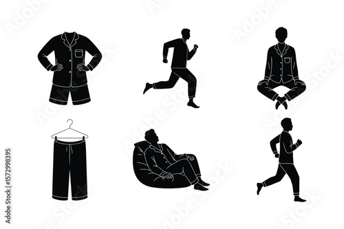 Black silhouette of men in pajamas engaged in various activities running sitting