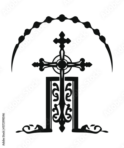christian cross with rosary frame black and white silhouette vector illustration