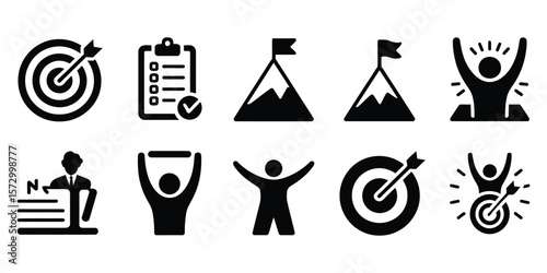  business goal icon collection, including vector targets, strategic elements and success symbols

