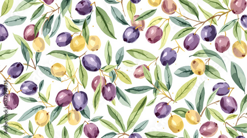 Watercolor Olive Branch Pattern With Purple Olives And Green Leaves On Light Background