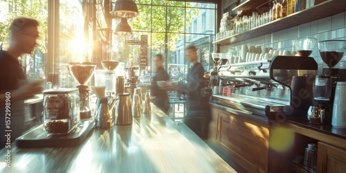 A morning rush scene at a busy city cafÃ© with baristas in a flurry of motion