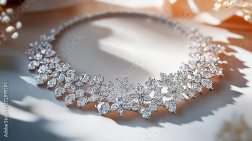 Elegant sparkling diamond necklace jewelry on satin surface for luxury fashion