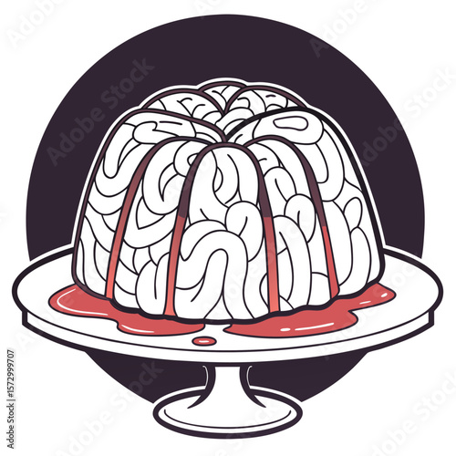 A stylized illustration of a brain shaped dessert with red jelly dripping down the sides presented on a white cake stand against a dark circular background