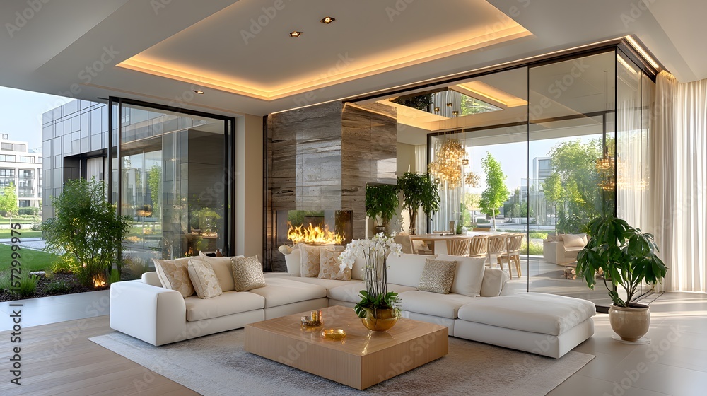 Fototapeta premium Modern living room with garden view high resolution photo