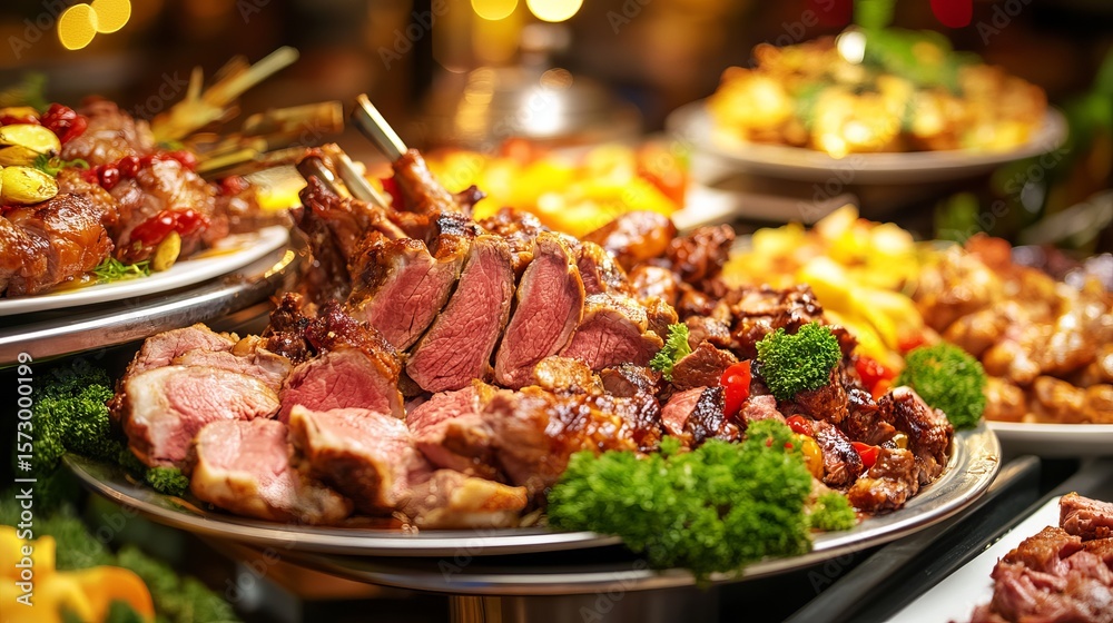 Obraz premium Deliciously grilled lamb and other meats displayed on a buffet