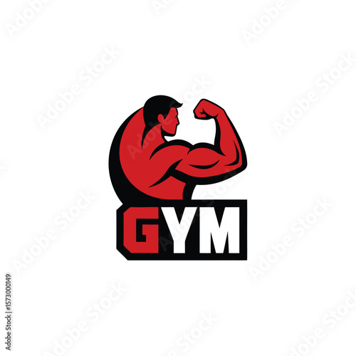 Red muscular arm flexing with G Y M text logo on white background