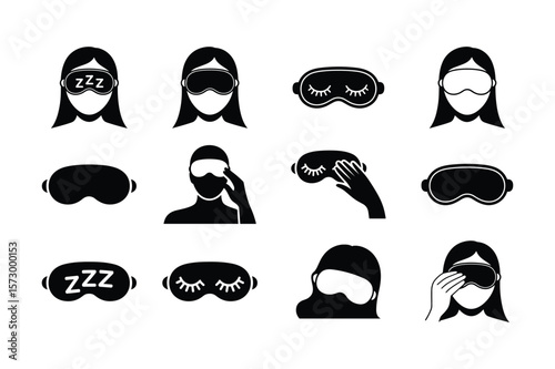 Sleep mask icons with faces and hands eye mask sleeping