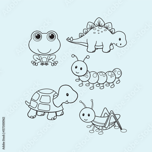 Turtle, frog, ant, grasshopper, dinosaur flat icon design, black bold. 