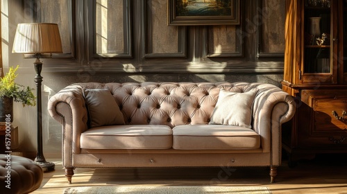 Elegant Beige Chesterfield Sofa in Sunlit Room.