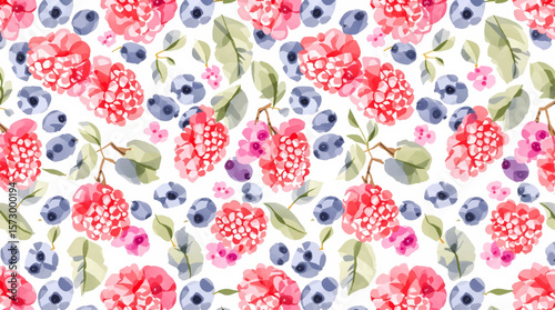 Watercolor Hand drawn seamless pattern with blackberry and raspberry