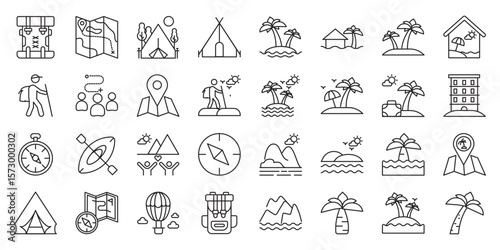 Island Adventure Travel Experiences set of web icons in line style. island adventure, adventure travel, tropical island and island exploration. Vector illustration