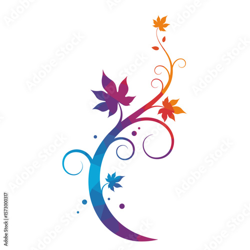 Colorful vine with curls and leaves in abstract style  