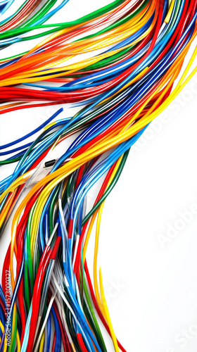 Vibrant electrical wires create a colorful abstract. Perfect for technology and connectivity themes.