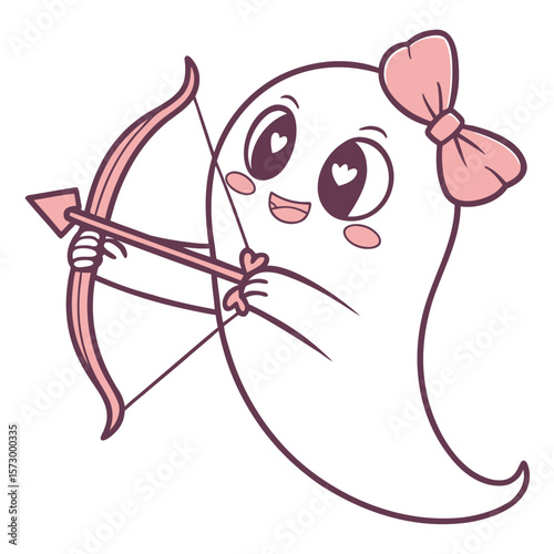 Cute cartoon ghost cupid with a pink bow and arrow aiming with heart eyes and rosy cheeks design
