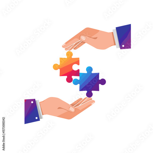 Two hands with puzzle piece connecting colorful jigsaw pieces together  