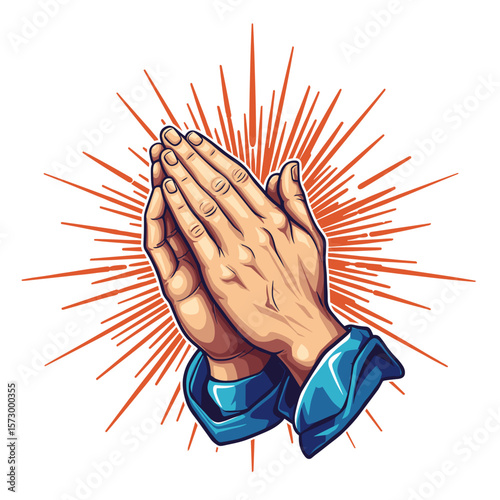 Praying hands with rays in colorful graphic design style  