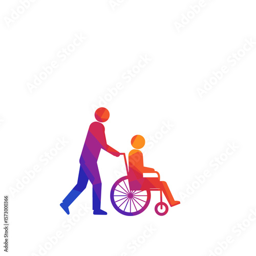 Person pushing wheelchair in colorful silhouette on white background  
