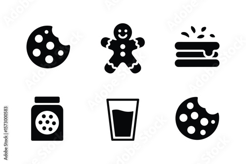 Black and white icons of cookies a gingerbread man a jar and a glass of milk vector