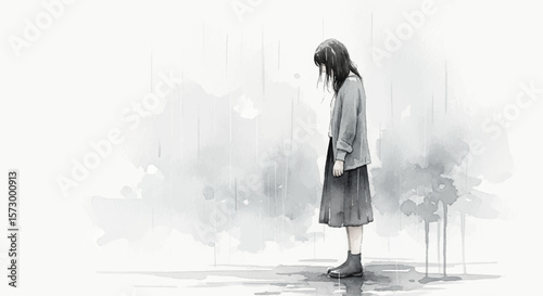 A melancholic watercolor of a young woman waiting in silence under the rain, filled with longing and transience.