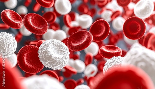 Close up view of white blood cells and red blood cells in motion, showcasing dynamic interaction