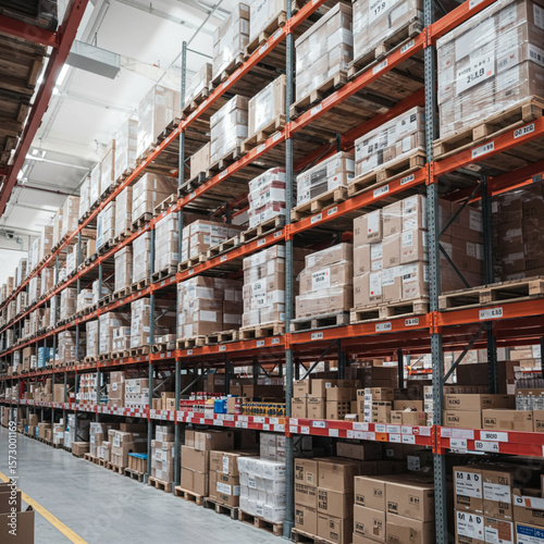 Organized Warehouse Interior with Product Shelves for Efficient Logistics.