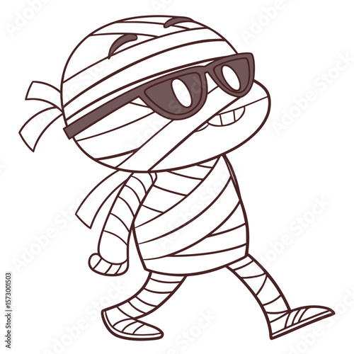 Cartoon mummy character wearing sunglasses and wrapped in bandages walking with a happy expression shown