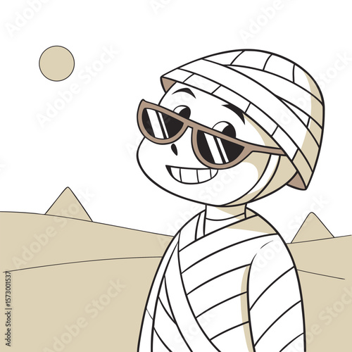 Cartoon mummy with sunglasses in a desert landscape with pyramids and a sun in the background scene