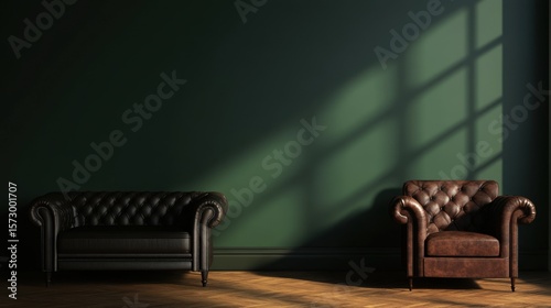 Dark Green Room Leather Sofa  Chair.